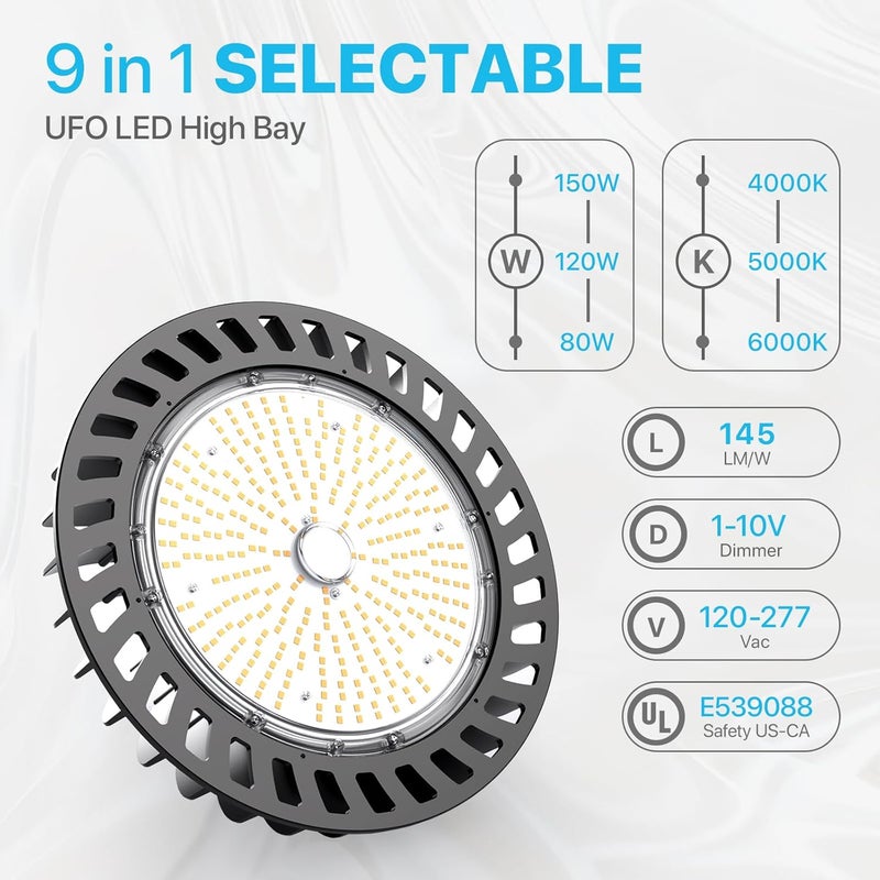 Hyperlite UFO Led High Bay Light 150W 21,750lm 5000K 1-10V Dimmable High Bay Led Lights UL Listed US Hook 5' Cable Led High Bay Lights Alternative to 650W MH/HPS for Gym Factory Warehouse - Image 2